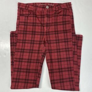 American Eagle Hi-Rise Jegging Sz 10 Next Level Stretch Red Plaid Denim Jeans